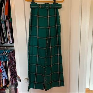 Green Plaid High Waisted Wide Leg Pants